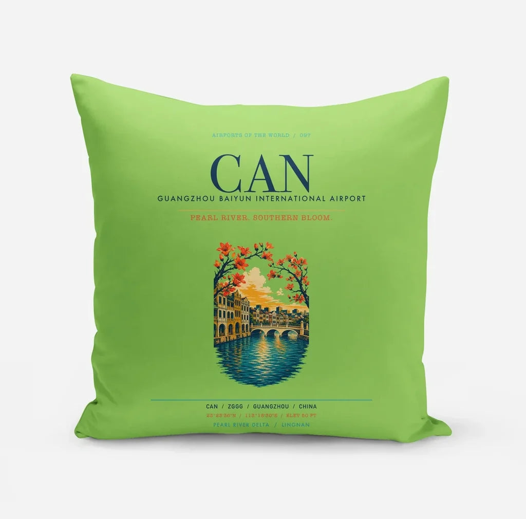 Guangzhou Baiyun International Airport (CAN) design on light green pillow