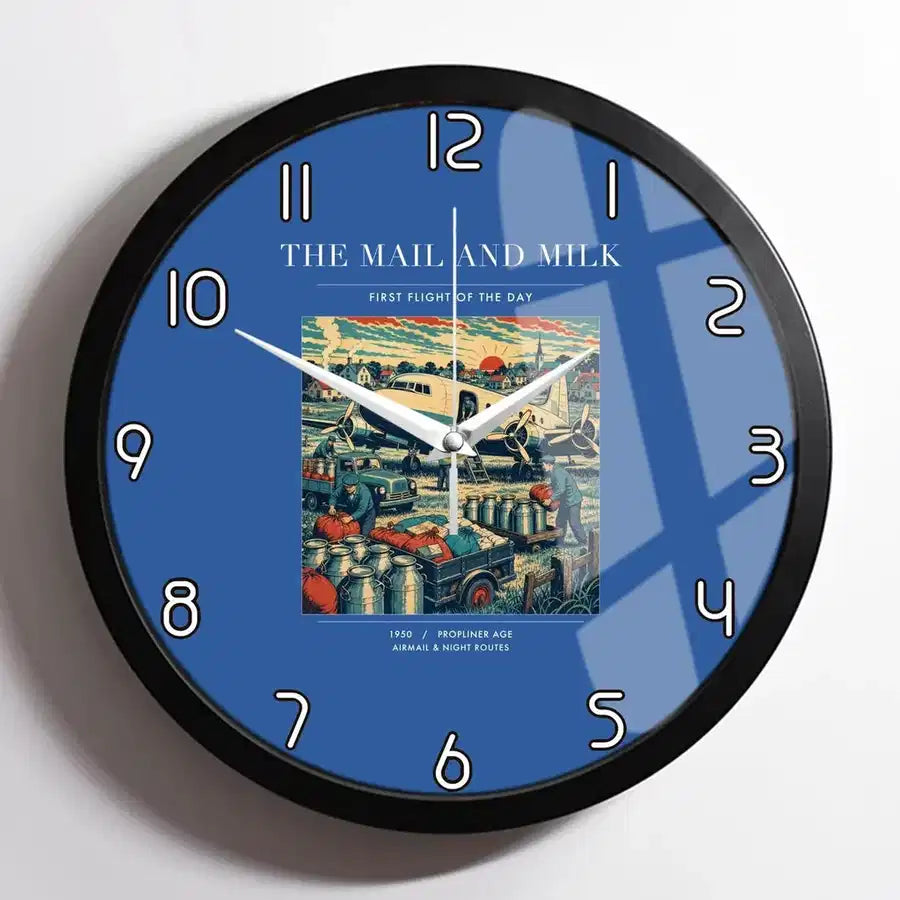 VINTAGE G4098 - The Mail And Milk - Designed Wall Clocks design on blue framed