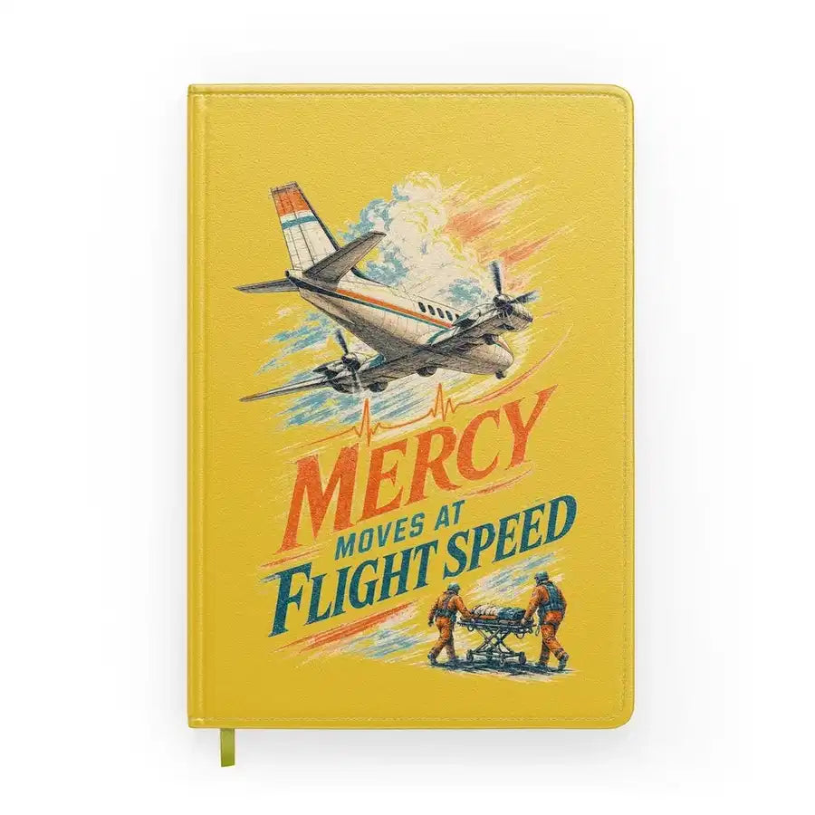 Mercy Moves At Flight Speed design on yellow notebook