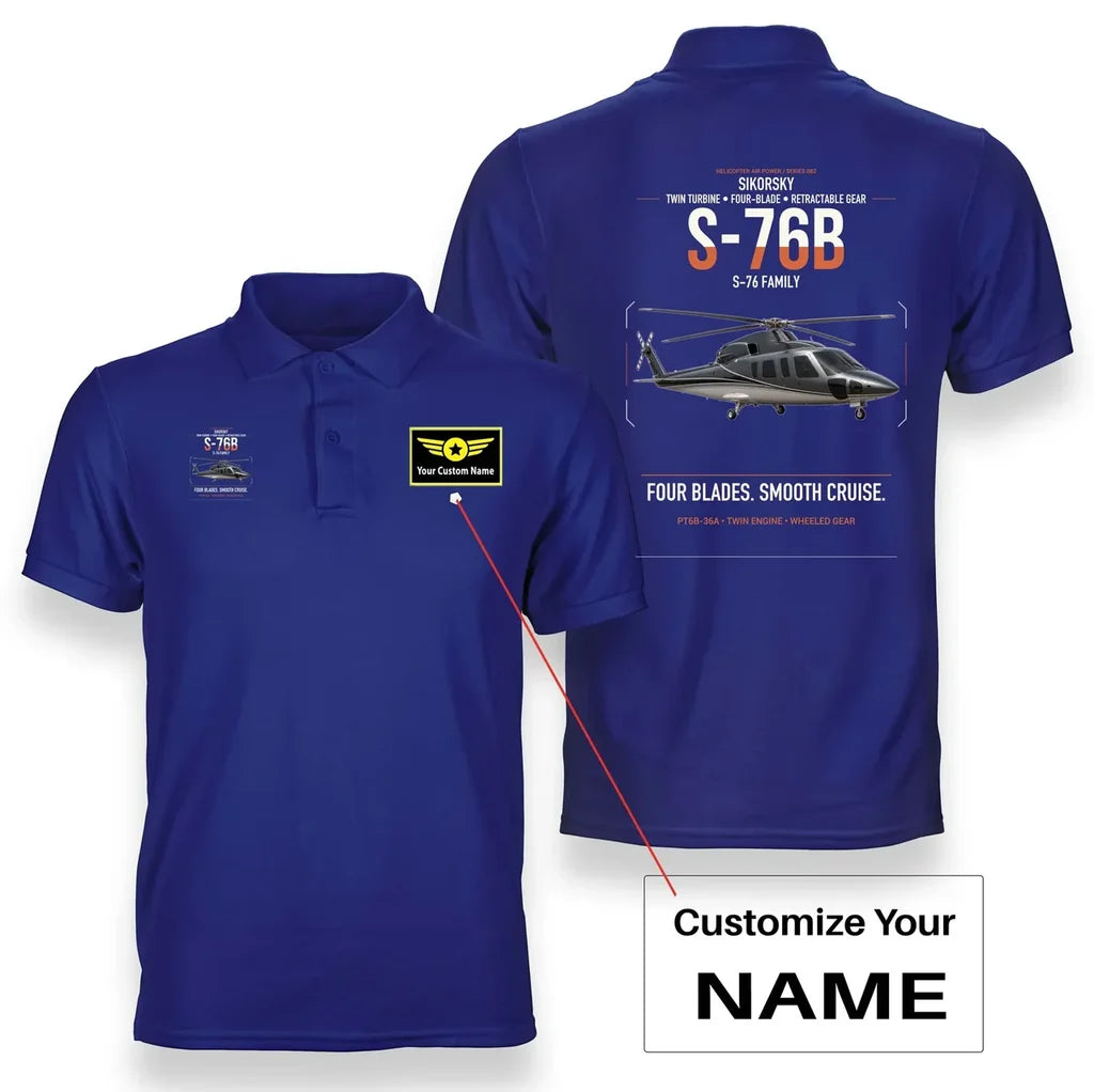 Sikorsky S-76B design on blue+name double-side polo t-shirt, double-side print