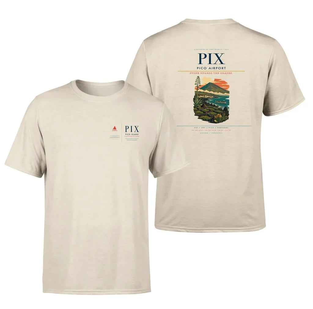 Pico Airport (PIX) design printed on beige double-side t-shirt