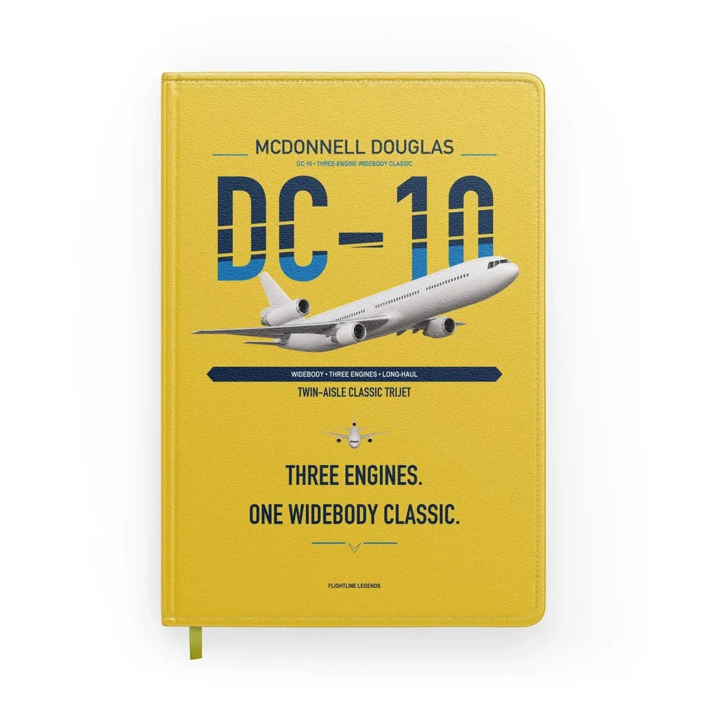 McDonnell Douglas DC-10 design on yellow notebook