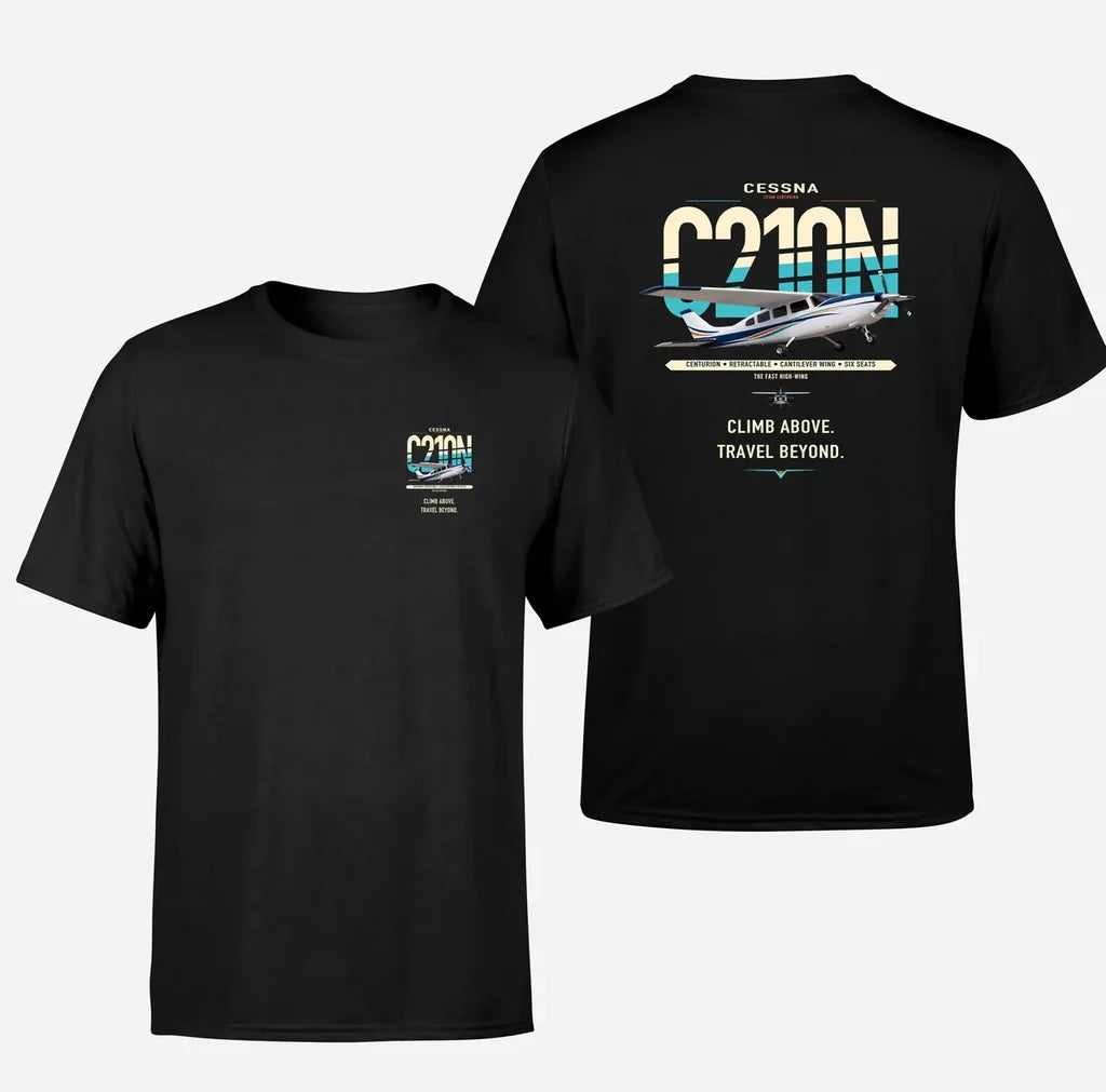 Cessna T210N Centurion design on black t-shirt, double-side print