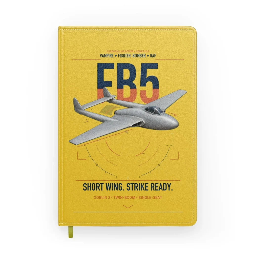 de Havilland Vampire FB5 design on yellow notebook