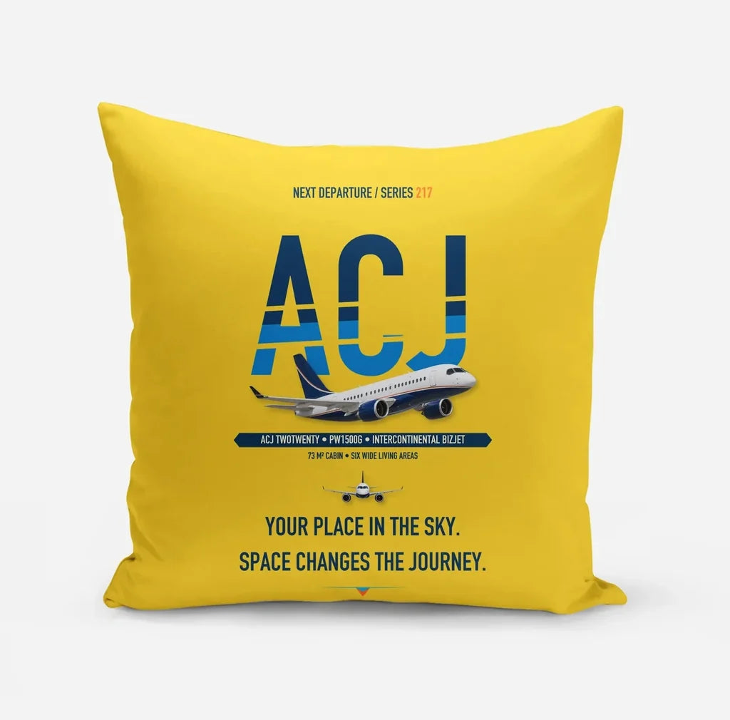 Airbus ACJ TwoTwenty design on yellow pillow