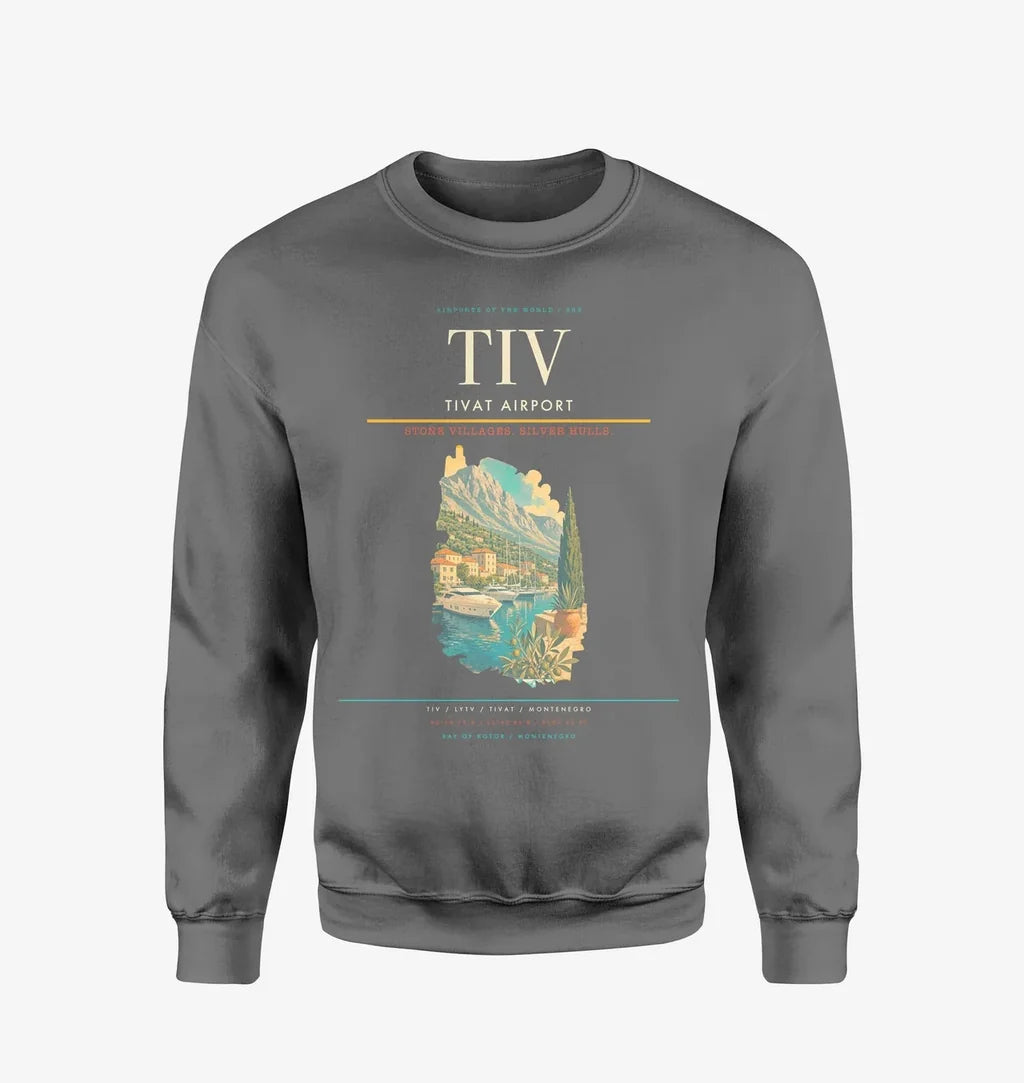 Tivat Airport (TIV) design on gray sweatshirt