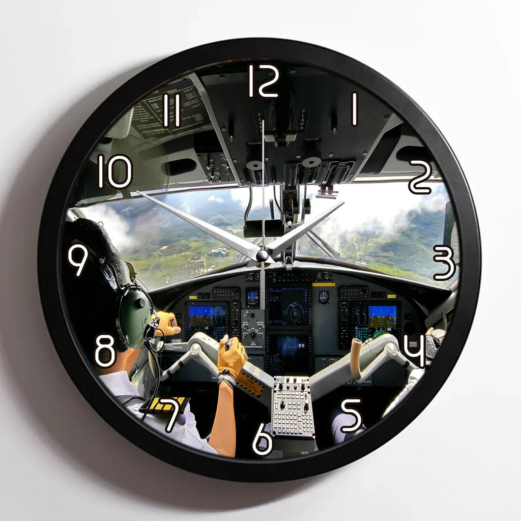 Fantastic Cockpit Shot aviation design on premium wood and metal wall clock.