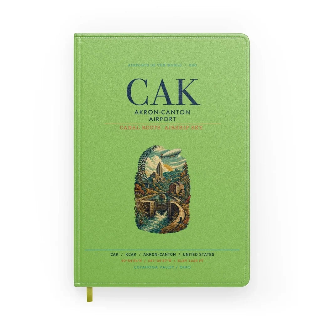 Akron-Canton Airport (CAK) design on light green notebook