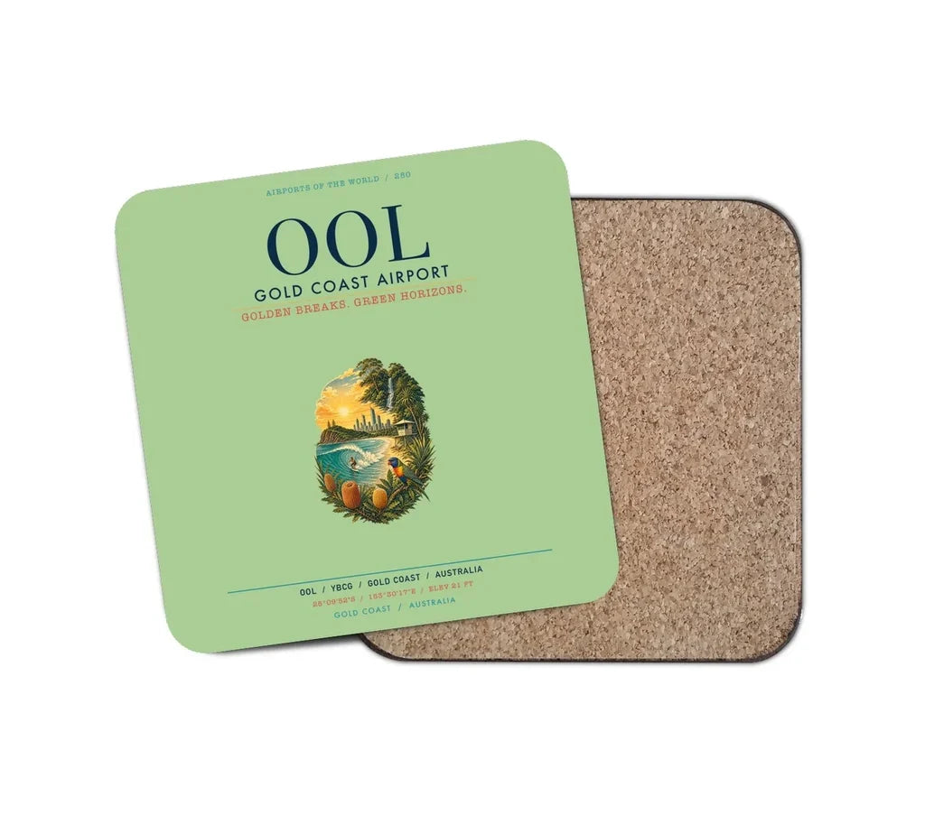Gold Coast Airport (OOL) design on light green 1 piece coaster