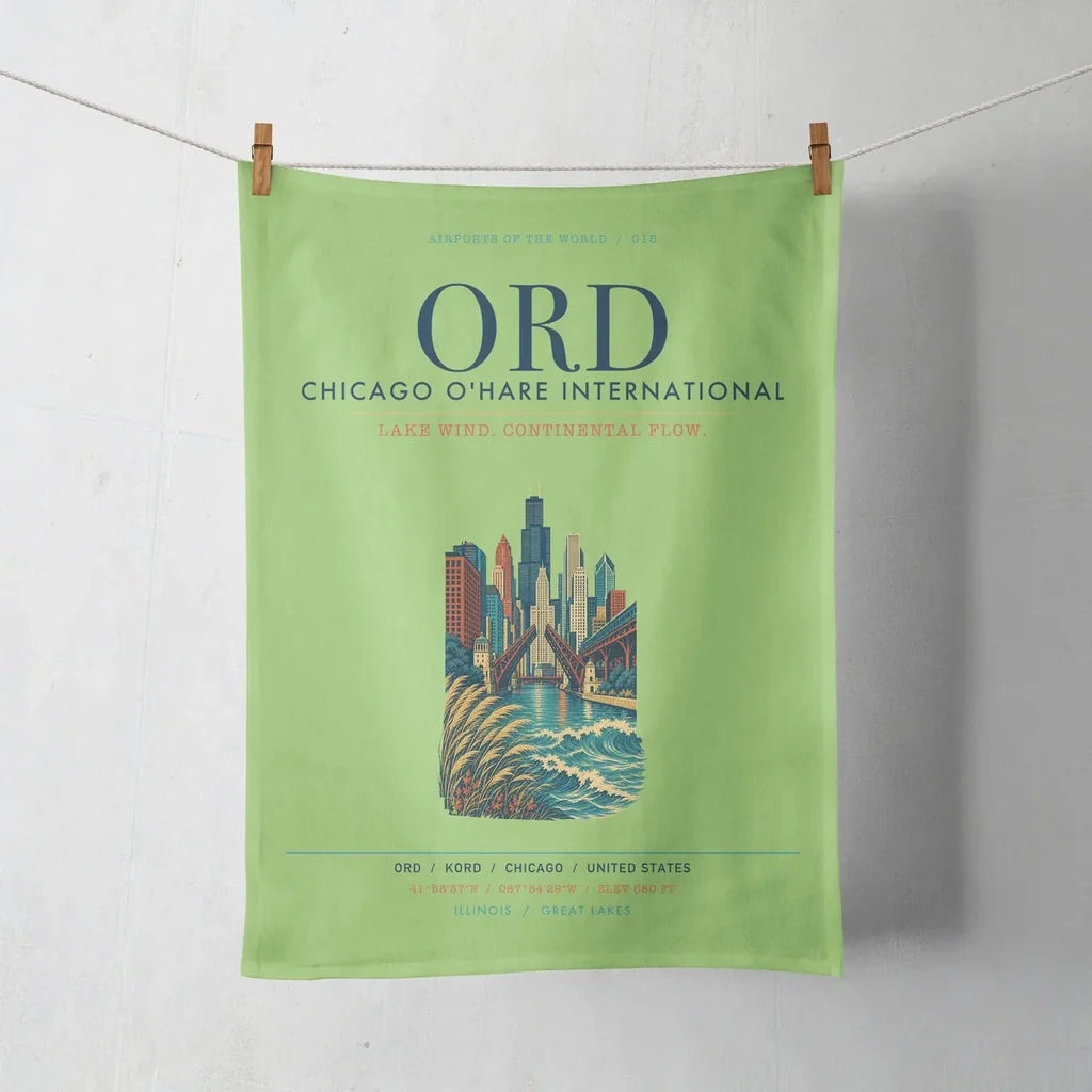 Chicago O'Hare International Airport (ORD) design on light green towel