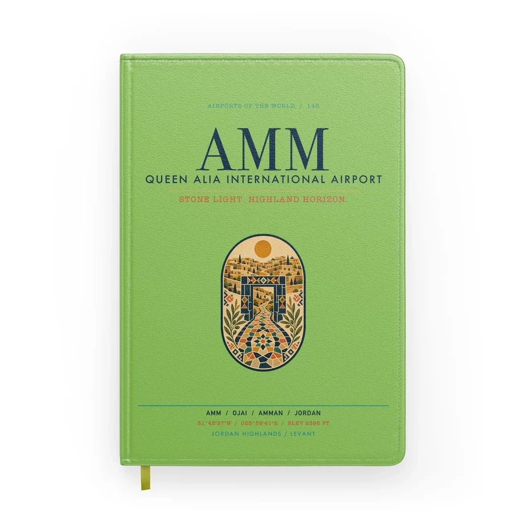 Queen Alia International Airport (AMM) design on light green notebook