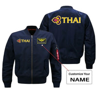 Thumbnail for Thai Airways aviation design with custom name embroidered on blue bomber jacket