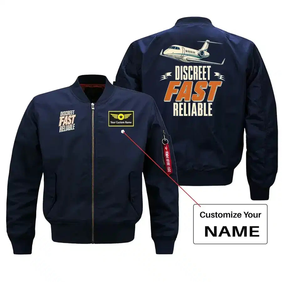 SIGNAL 406 - Discreet Fast Reliable - Bomber Jacket design on blue bomber jacket with custom name badge