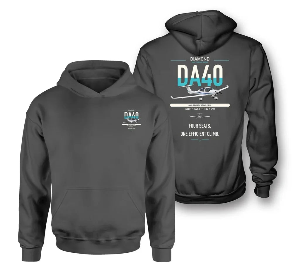 Diamond DA40 design on dark gray double-side hoodie, double-side print