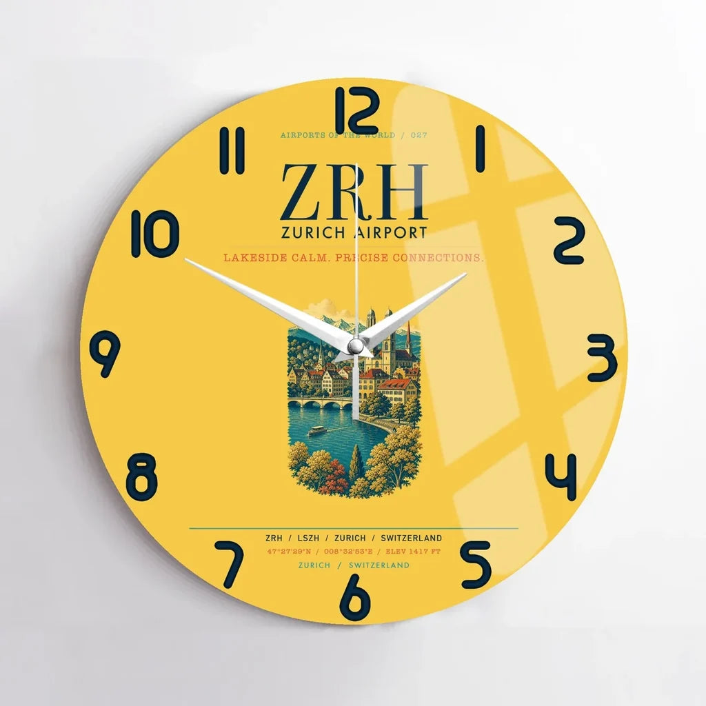 Zurich Airport (ZRH) design on yellow no frame wall clock