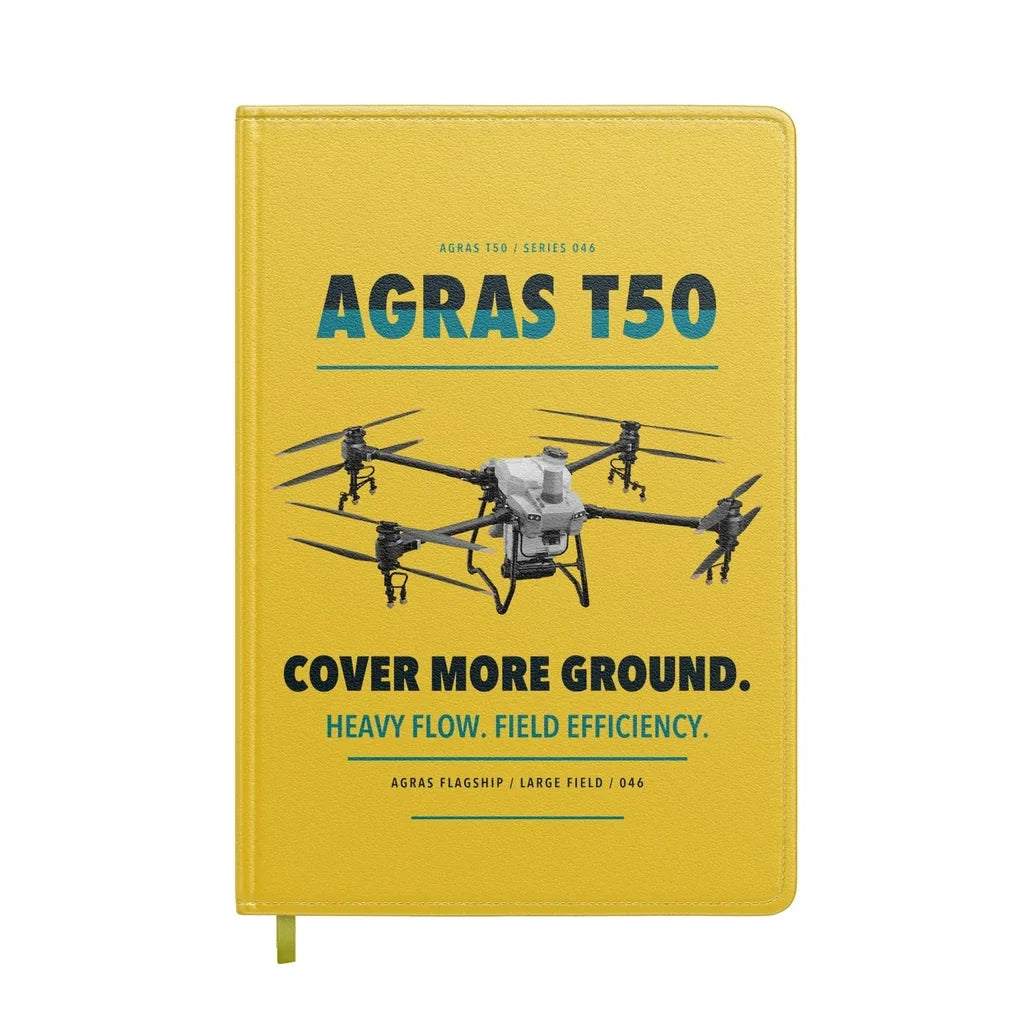 DJI Agras T50 design on yellow notebook
