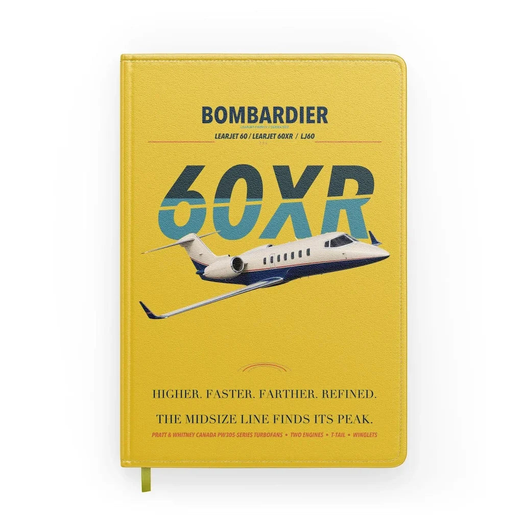Bombardier Learjet 60XR design on yellow notebook