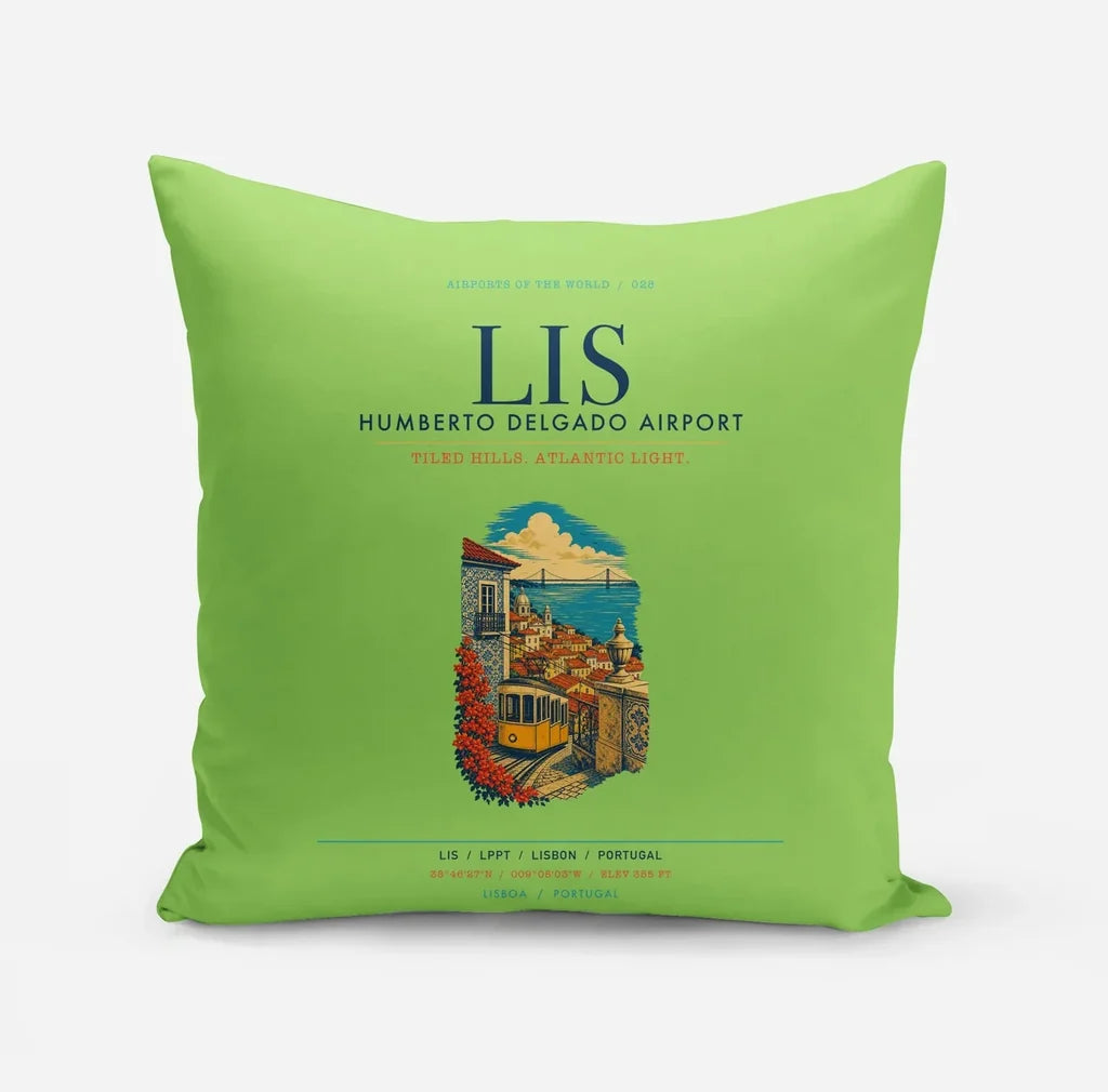 Lisbon Humberto Delgado Airport (LIS) design on light green pillow
