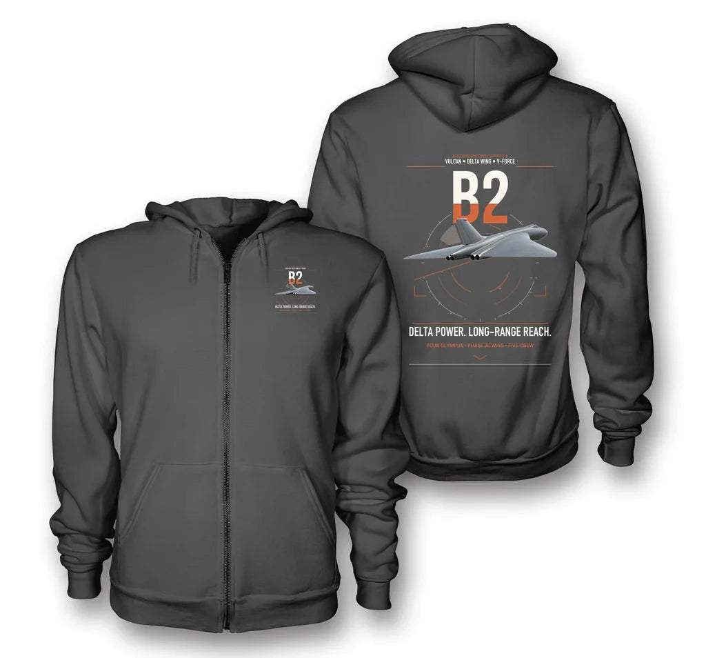 Avro Vulcan B2 design on dark gray premium zipped hoodie, double-side print
