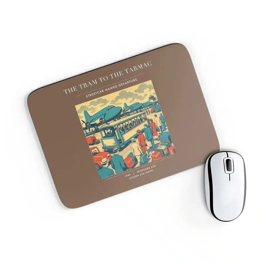 VINTAGE G4372 - The Tram To The Tarmac - Designed Mouse Pads design on brown rectangle