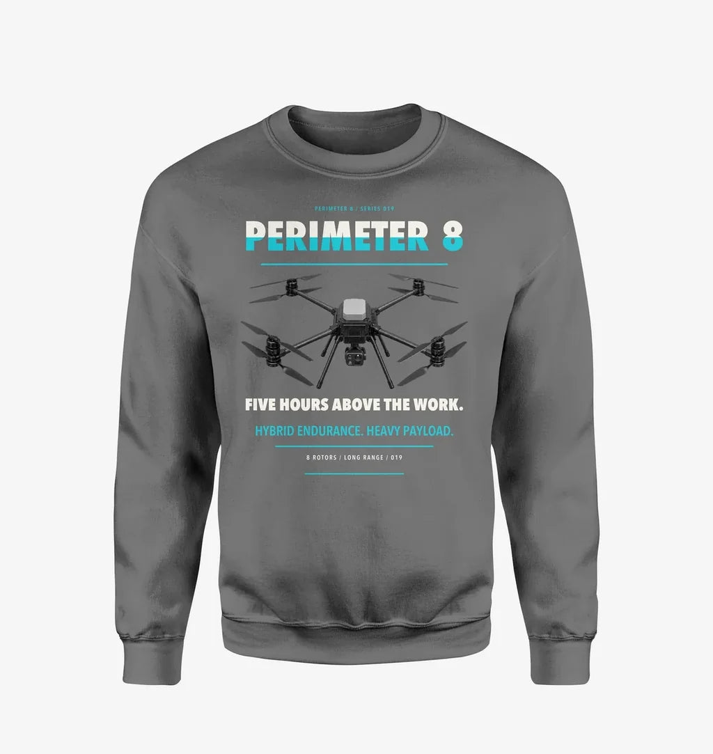 Skyfront Perimeter 8 design on gray sweatshirt