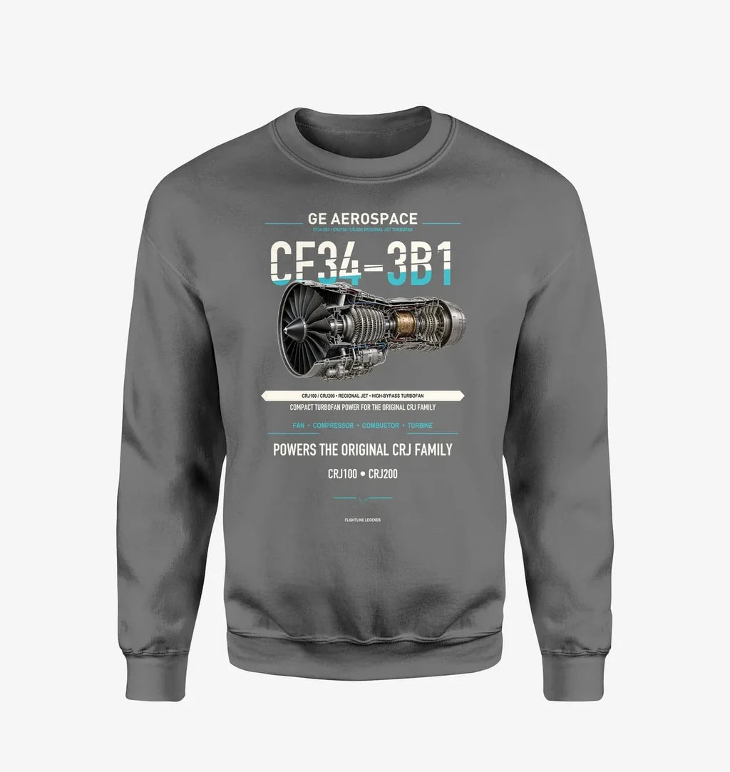 CF34-3B1 design on gray sweatshirt