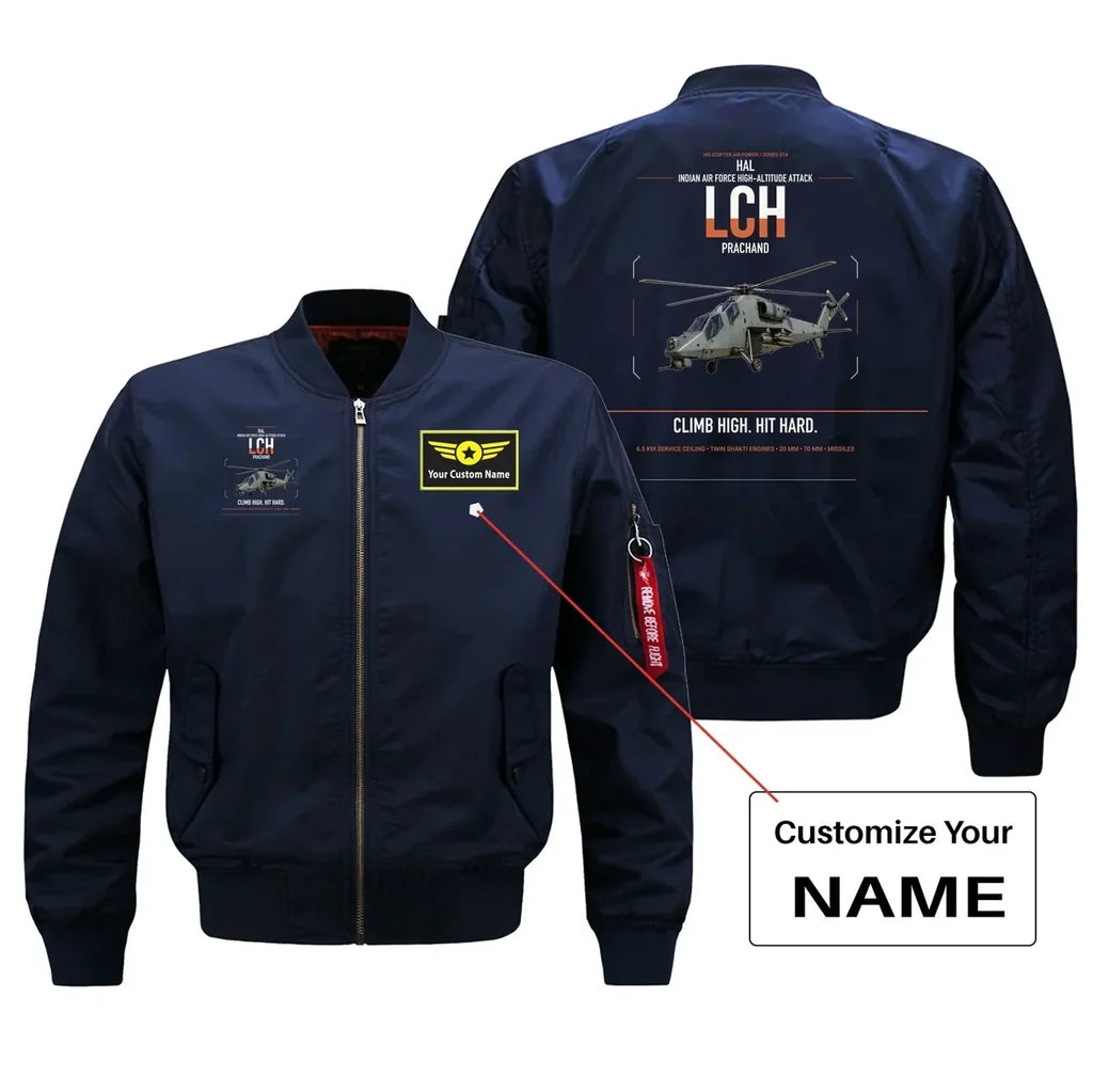HAL LCH Prachand design on blue+name bomber jacket, double-side print