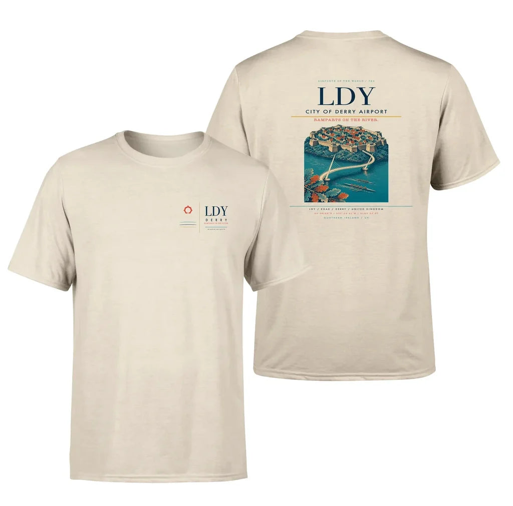 City of Derry Airport (LDY) design printed on beige double-side t-shirt
