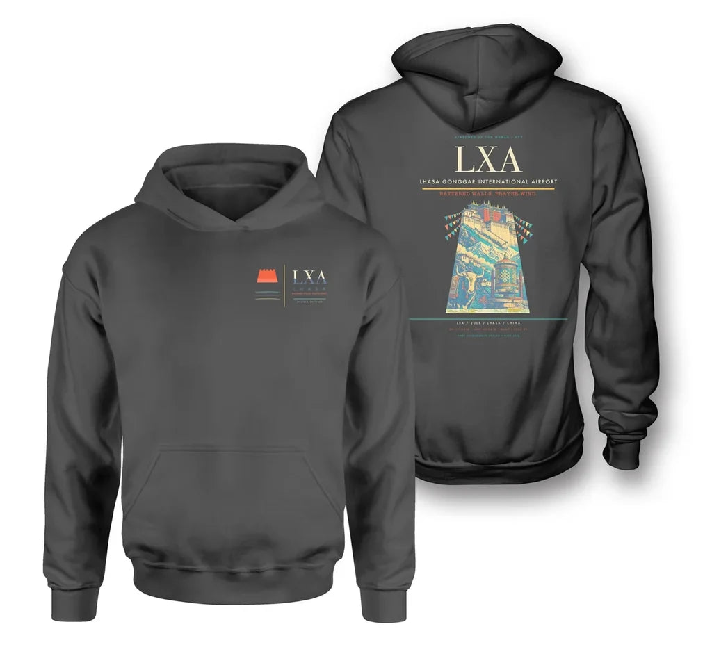 Lhasa Gonggar International Airport (LXA) design on dark gray double-side hoodie