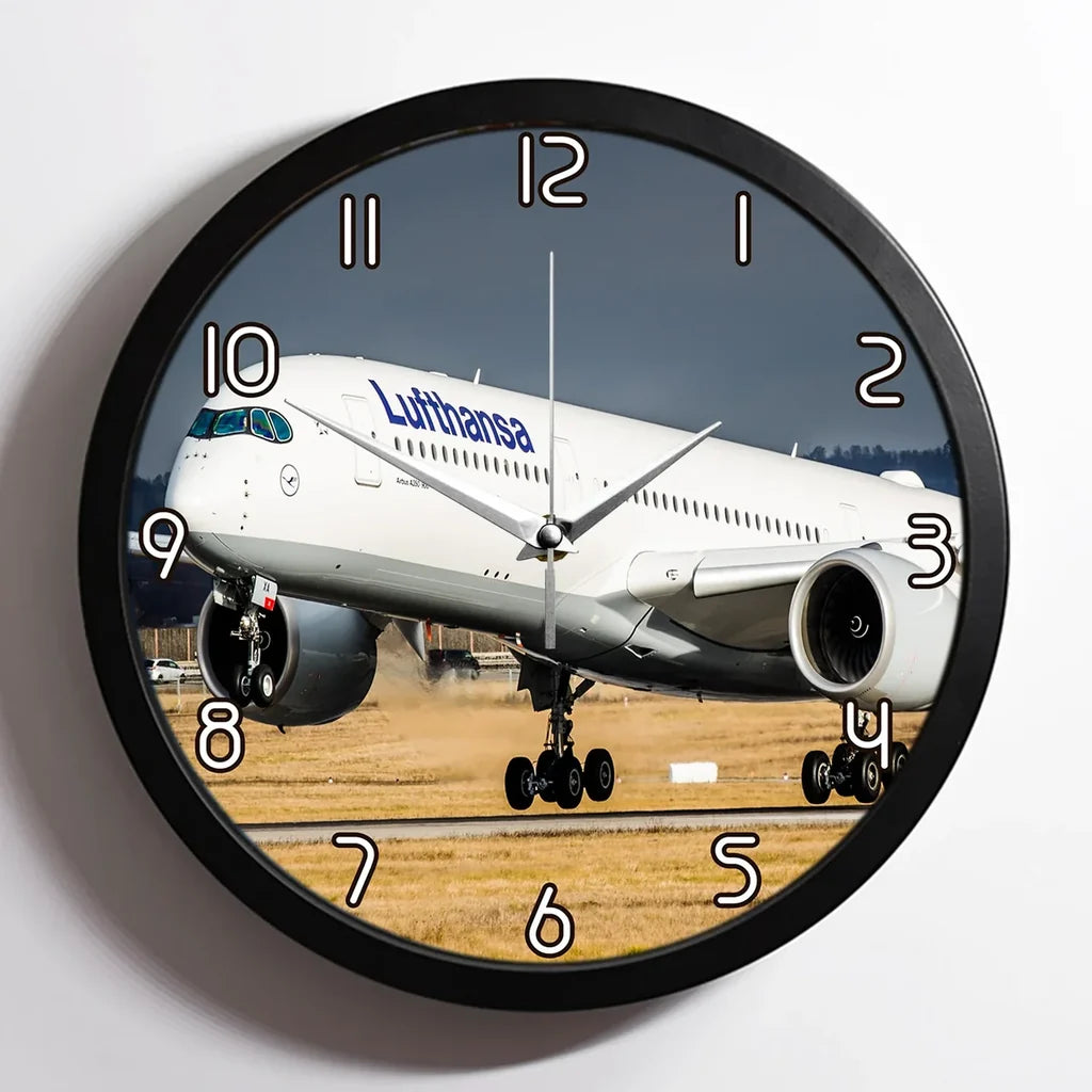 Lufthansa's A350 aviation design on premium wood and metal wall clock.