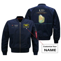 Thumbnail for Kristianstad Airport (KID) design on blue bomber jacket with custom name patch