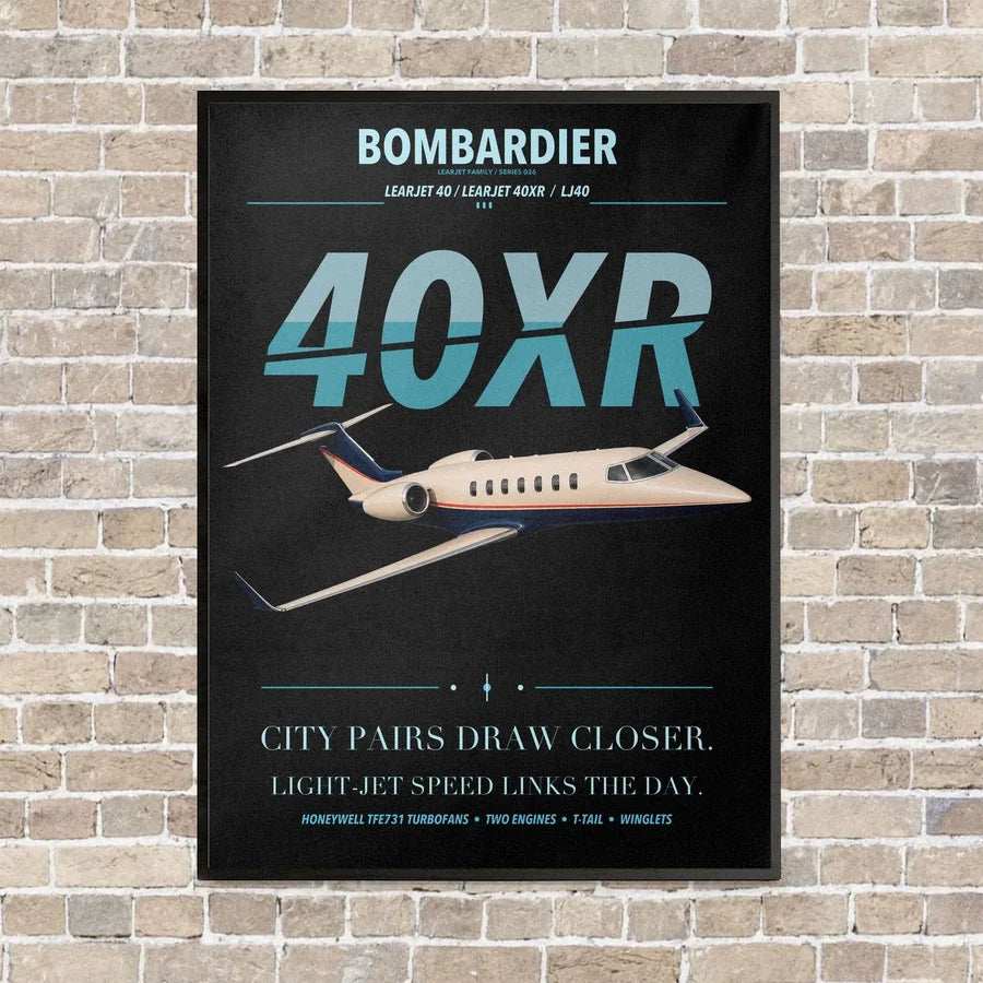 Bombardier Learjet 40XR vertical canvas print - framed - black background