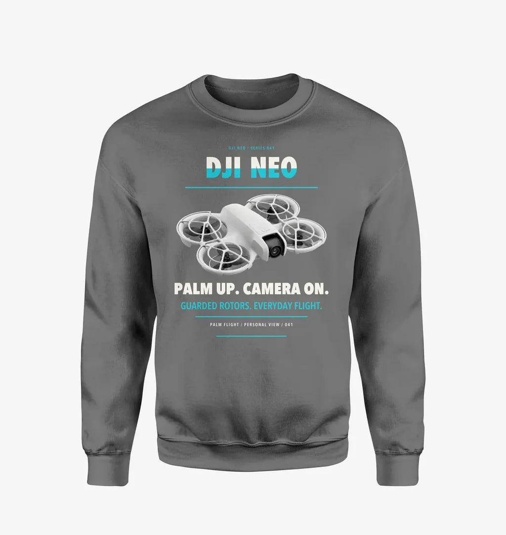 DJI Neo design on gray sweatshirt