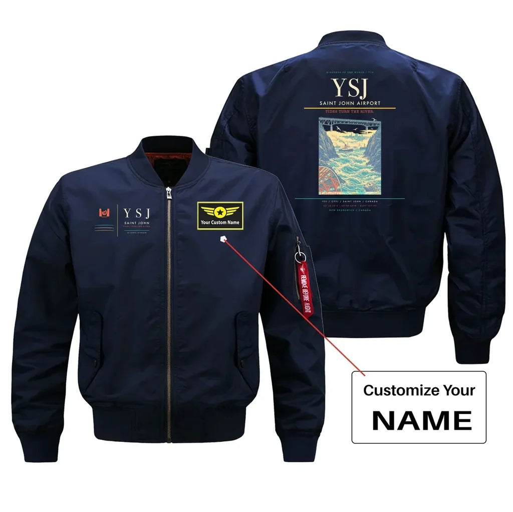 Saint John Airport (YSJ) design on blue bomber jacket with custom name patch
