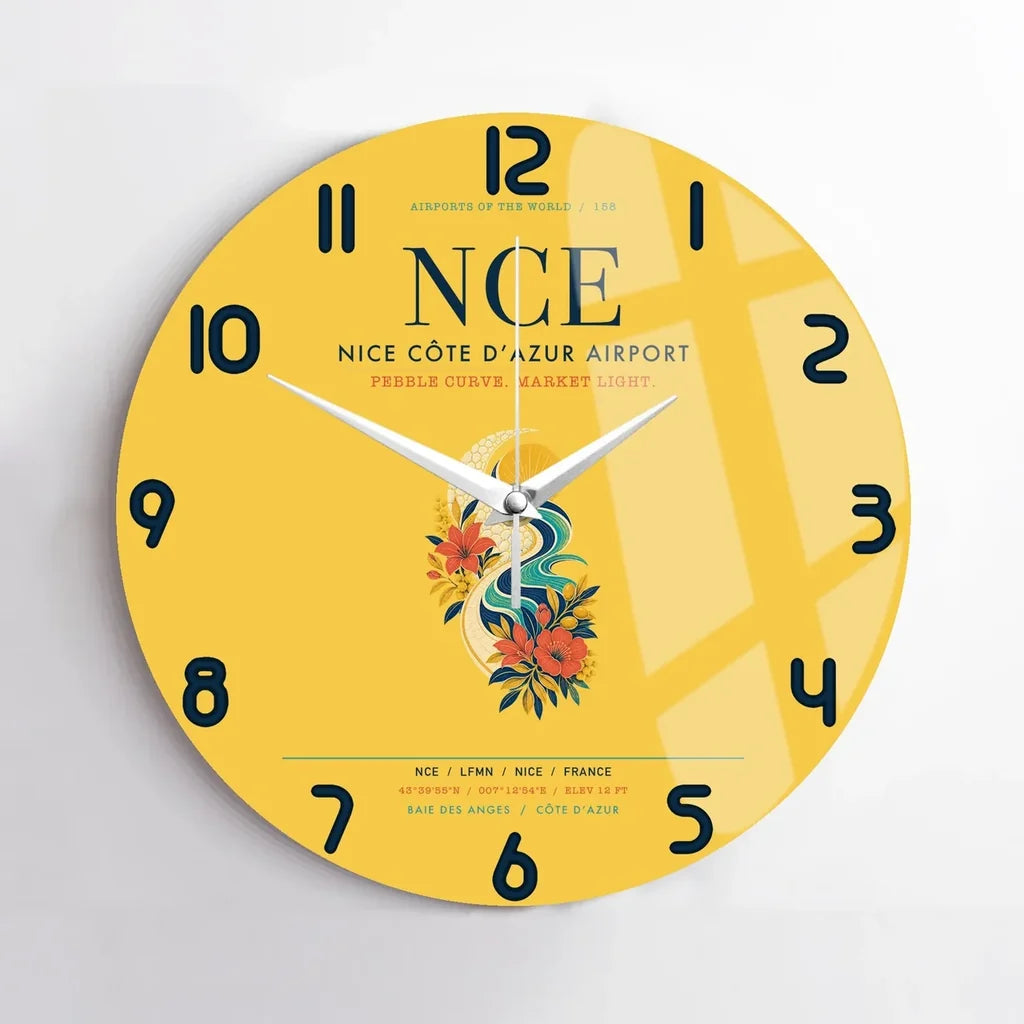 Nice Côte d’Azur Airport (NCE) design on yellow no frame wall clock