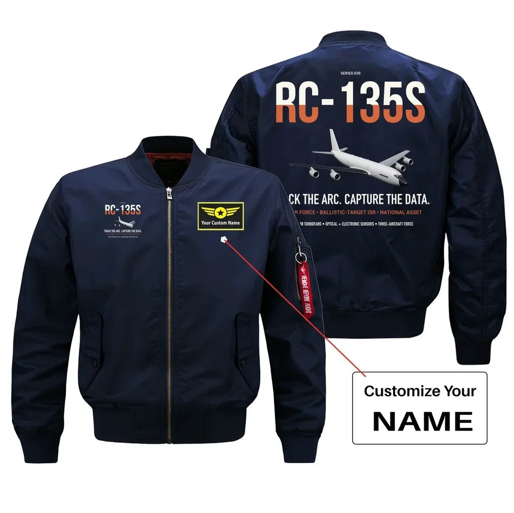 RC-135S Cobra Ball design on blue+name bomber jacket, double-side print