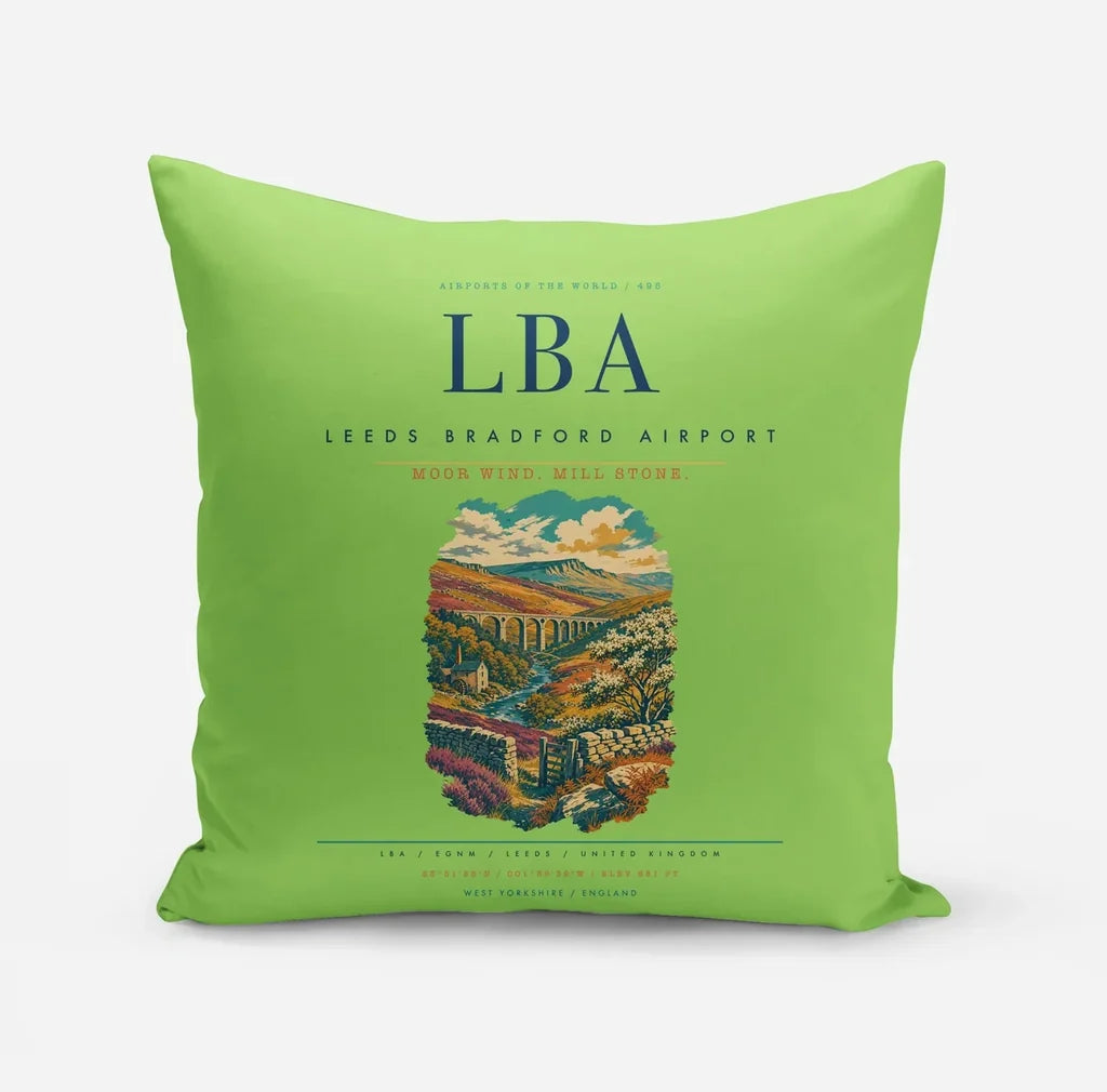 Leeds Bradford Airport (LBA) design on light green pillow