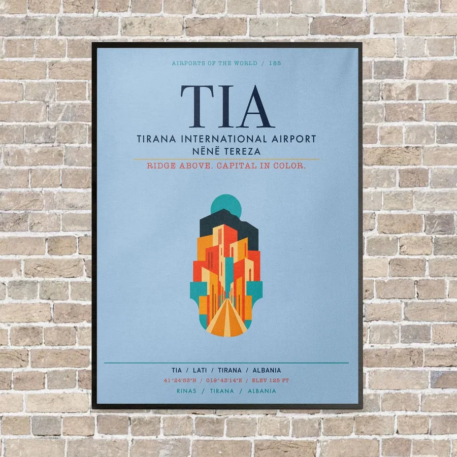 Tirana International Airport Nënë Tereza TIA vertical canvas print - framed - light blue background