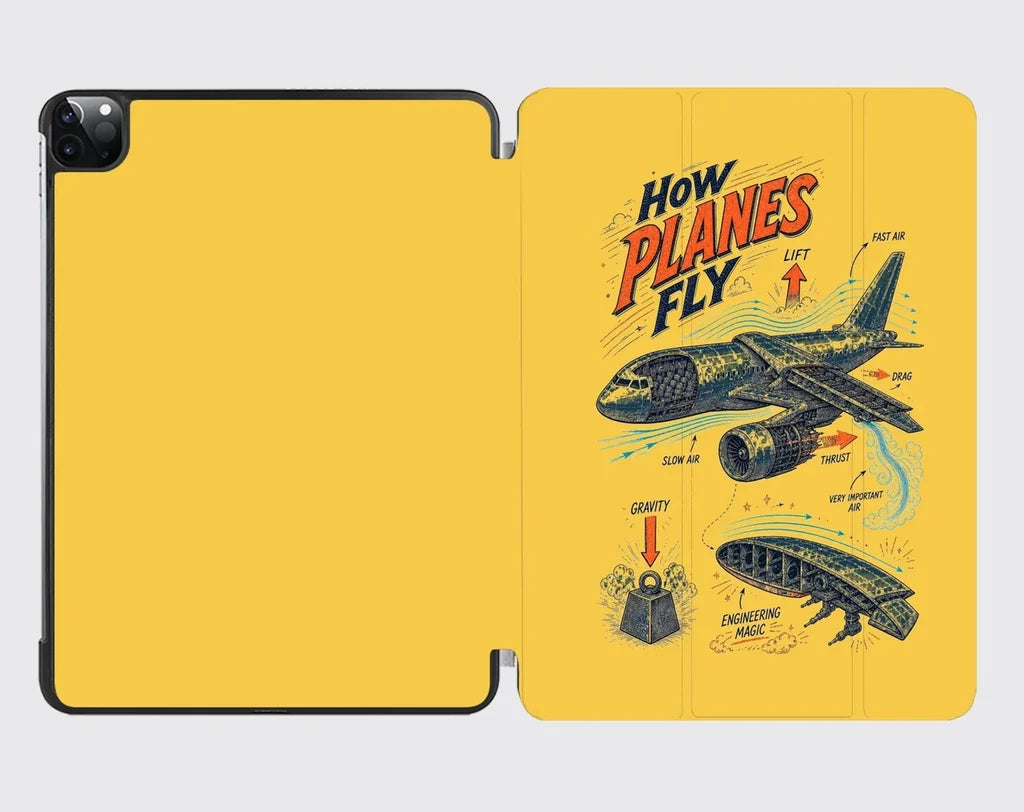 How Planes Fly V2 design on yellow ipad tablet case