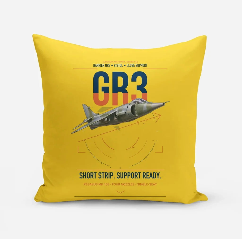Hawker Siddeley Harrier GR3 design on yellow pillow