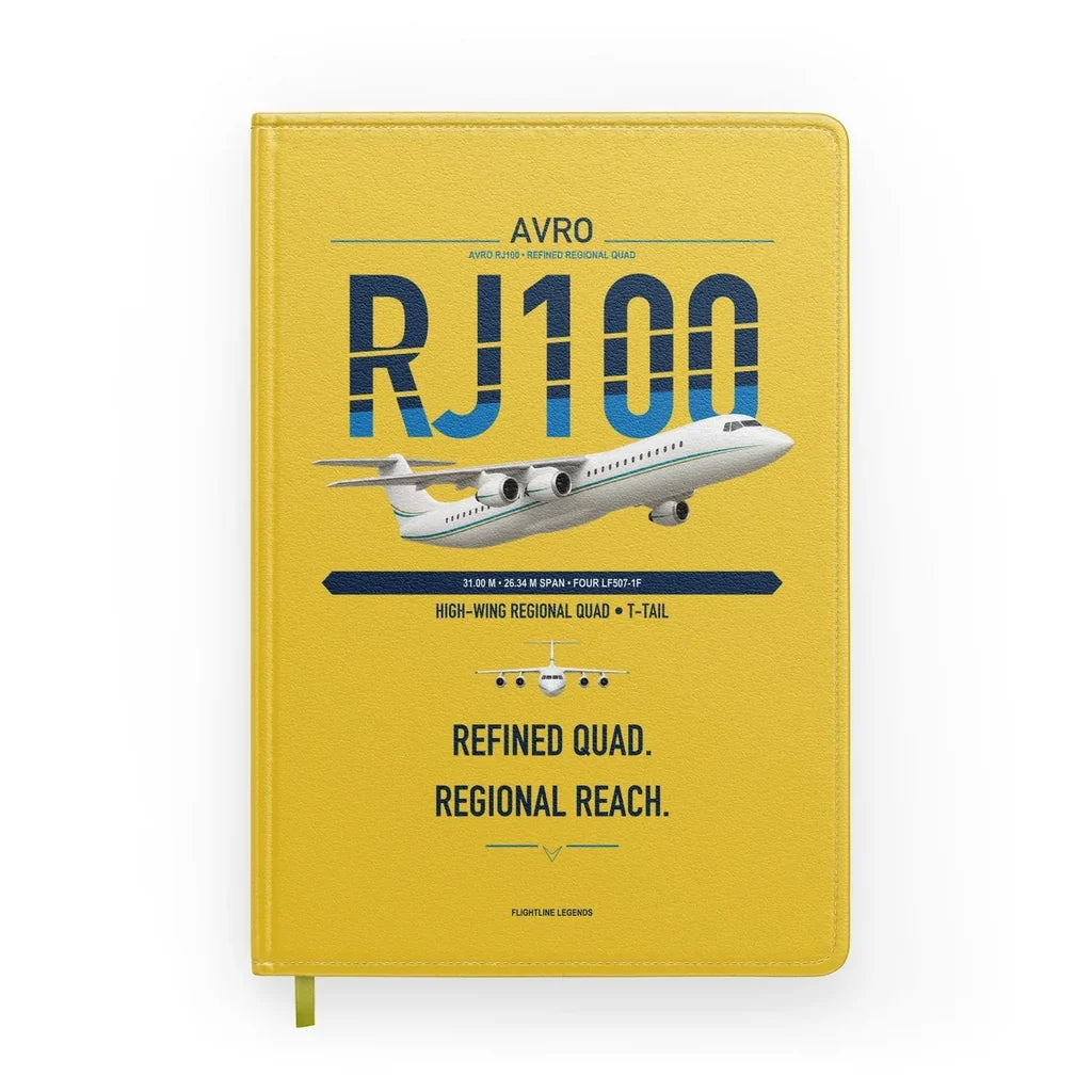 Avro RJ100 design on yellow notebook
