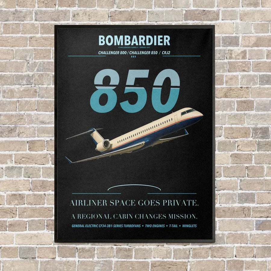 Bombardier Challenger 850 vertical canvas print - framed - black background
