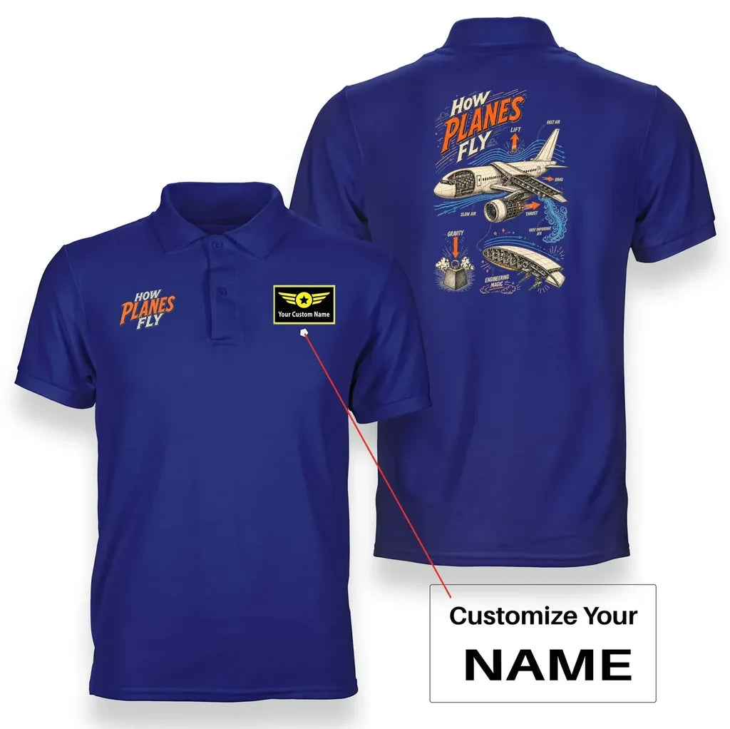 SIGNAL 616 - How Planes Fly V2 - Double-Side Polo design on blue double side polo with custom name badge