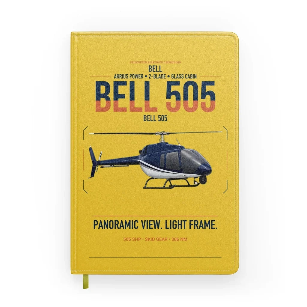 Bell 505 design on yellow notebook