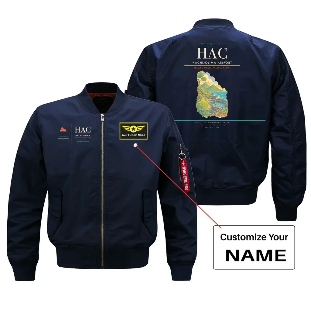 Hachijojima Airport (HAC) design on blue bomber jacket with custom name patch