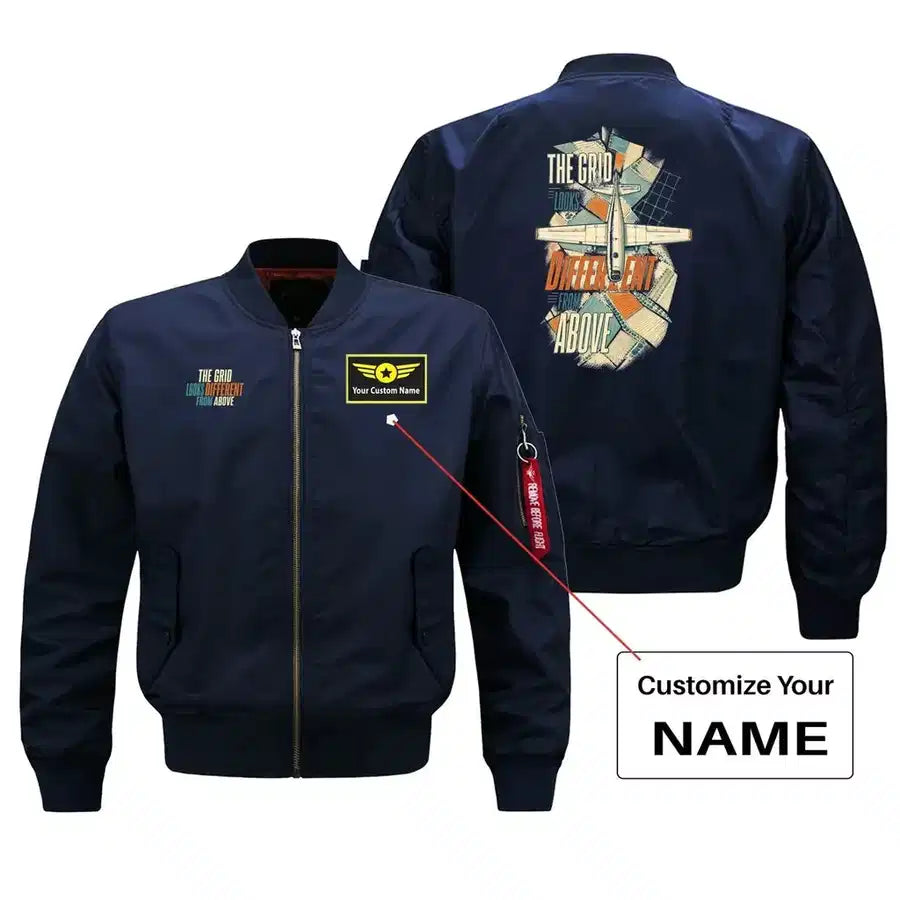 SIGNAL 645 - The Grid Looks Different From Above - Bomber Jacket design on blue bomber jacket with custom name badge