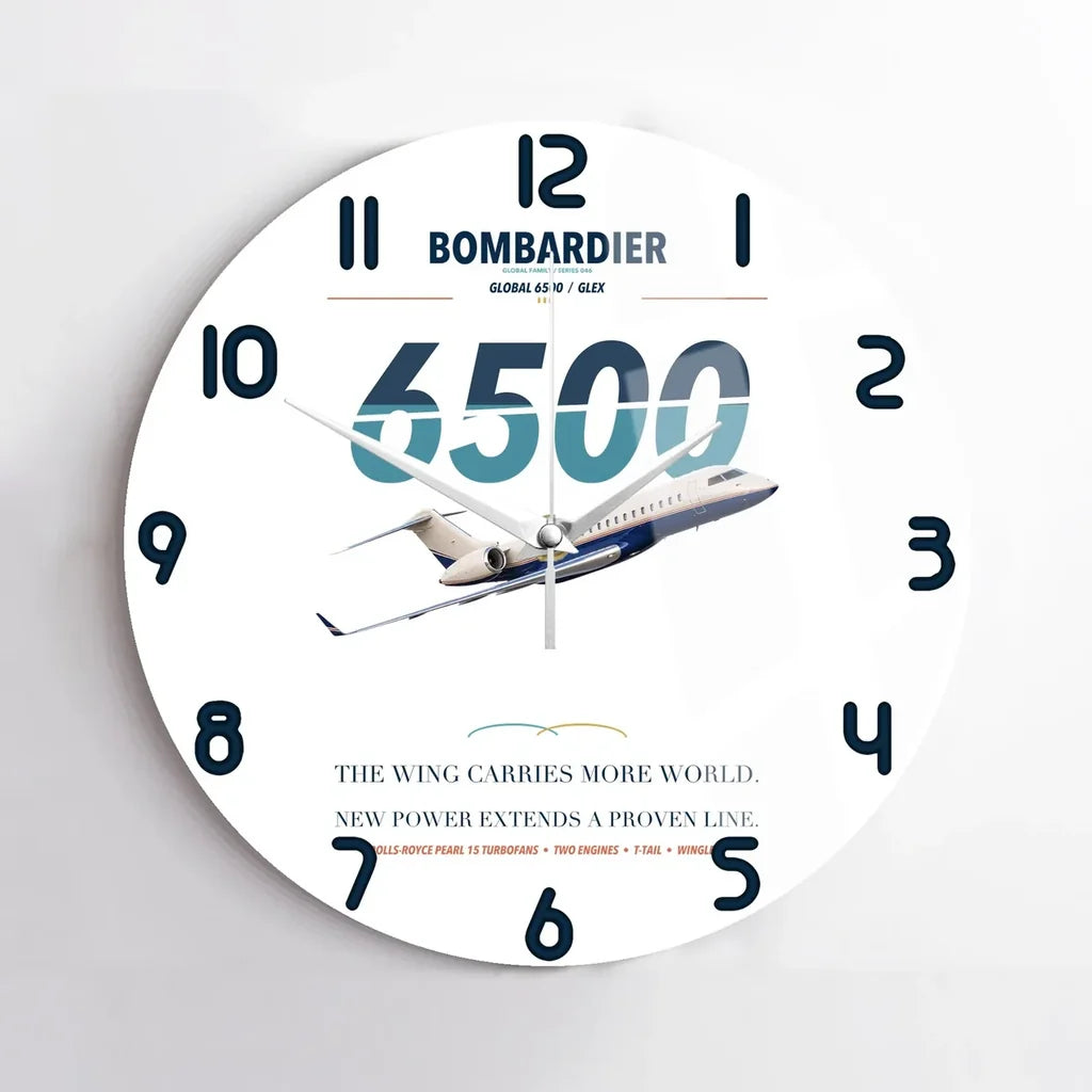 Bombardier Global 6500 design on white no frame wall clock