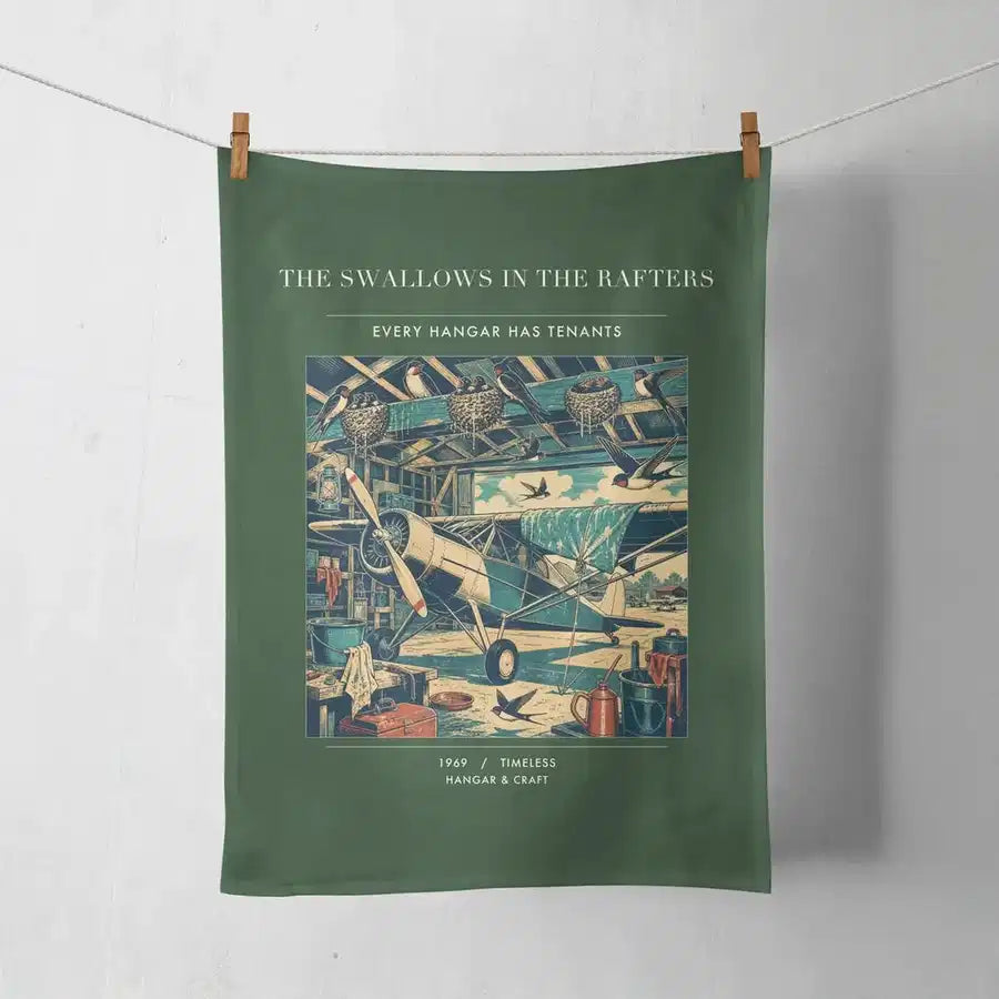 VINTAGE G4269 - The Swallows In The Rafters - Designed Towels design on darkgreen