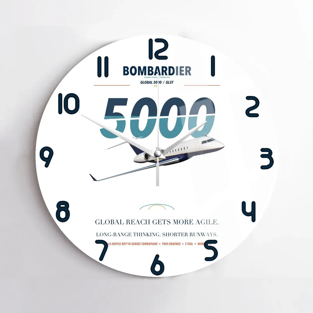 Bombardier Global 5000 design on white no frame wall clock