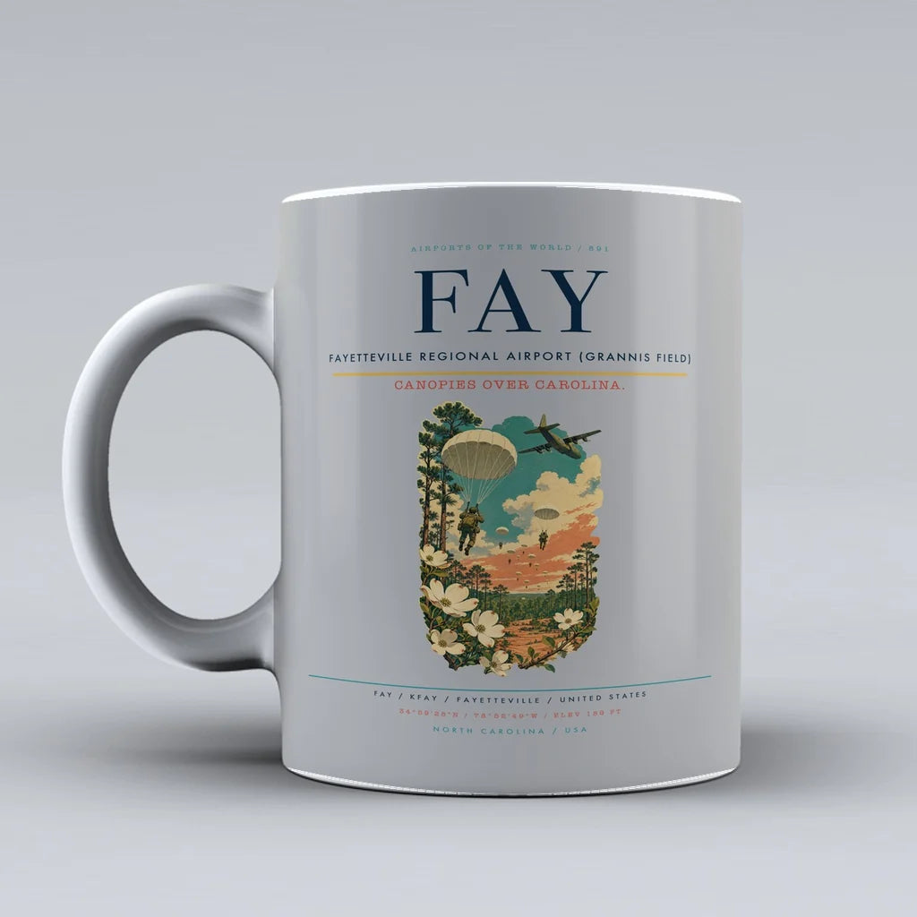 Fayetteville Regional Airport (Grannis Field) (FAY) airport code design on light gray ceramic mug